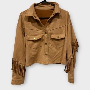 Tan Faux Suede Fringe Cropped Women's Jacket